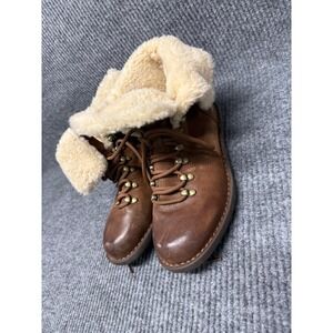 Brown Leather Shearling Lined Lace Up Hiker‎ Ankle Boots Brass D-Ring Eyelets